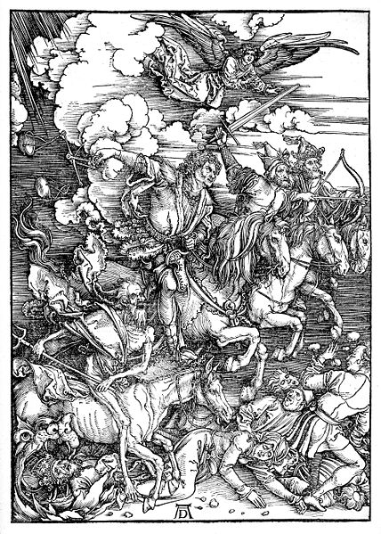 Grabado de Los cuatro jinetes del Apocalipsis de Durero obtenida de la Wikipedia