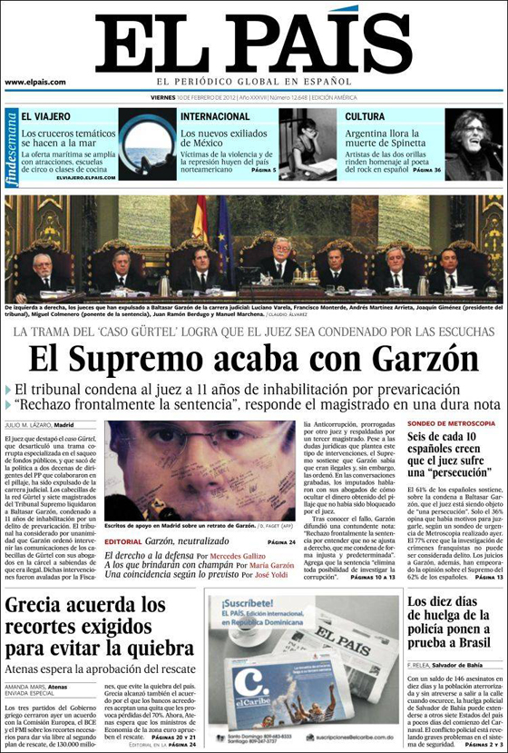 Portada de El País sobre la sentencia por prevaricación contra Baltasar Garzón